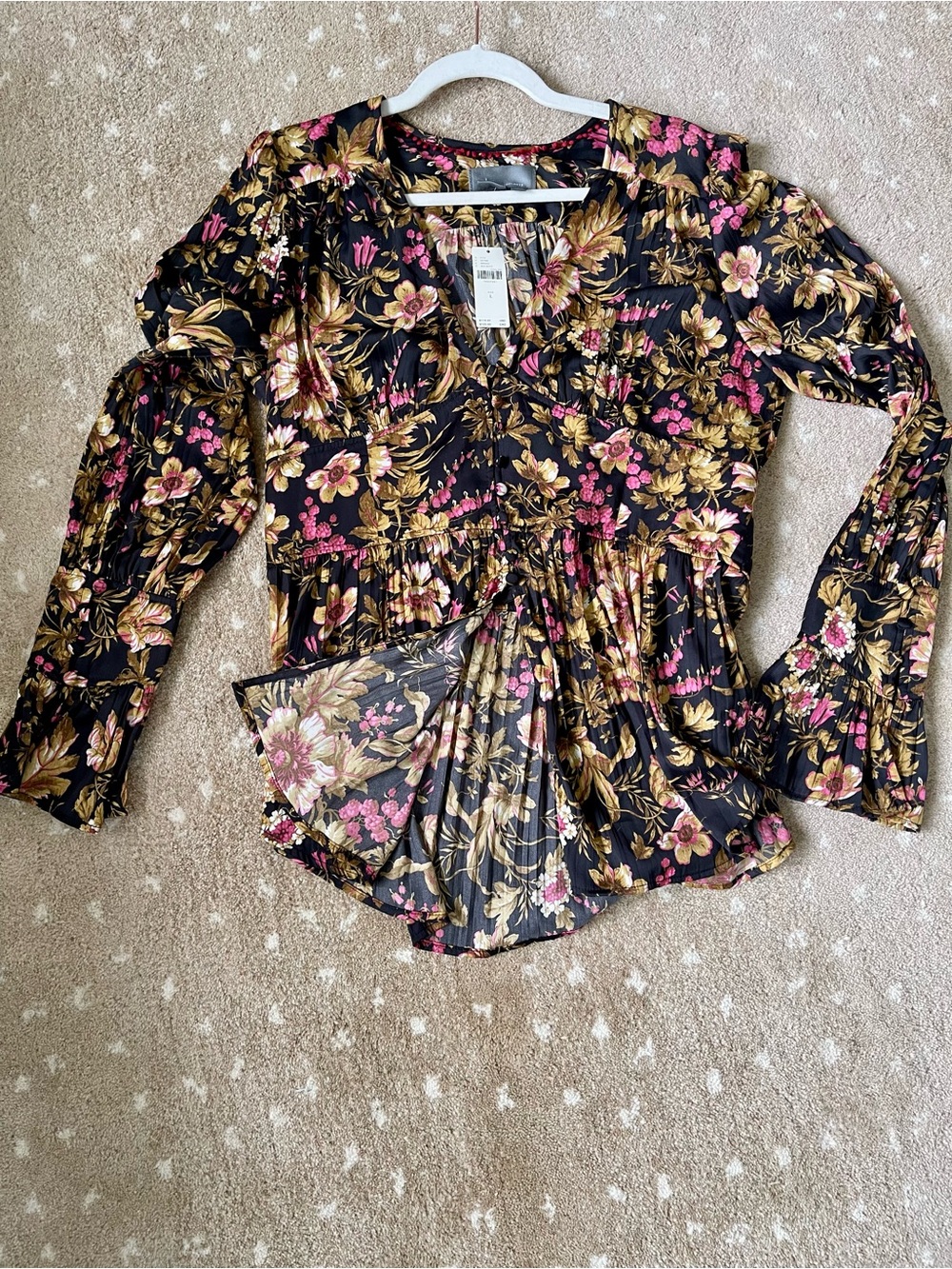 Anthropologie Black Blouse with Pink & Gold Floral Print